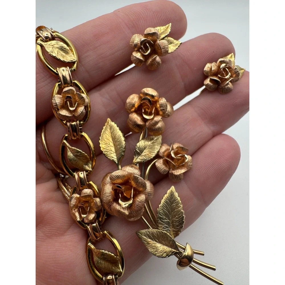 Vintage Krementz Bracelet Brooch Earrings Set Two Tone Rose